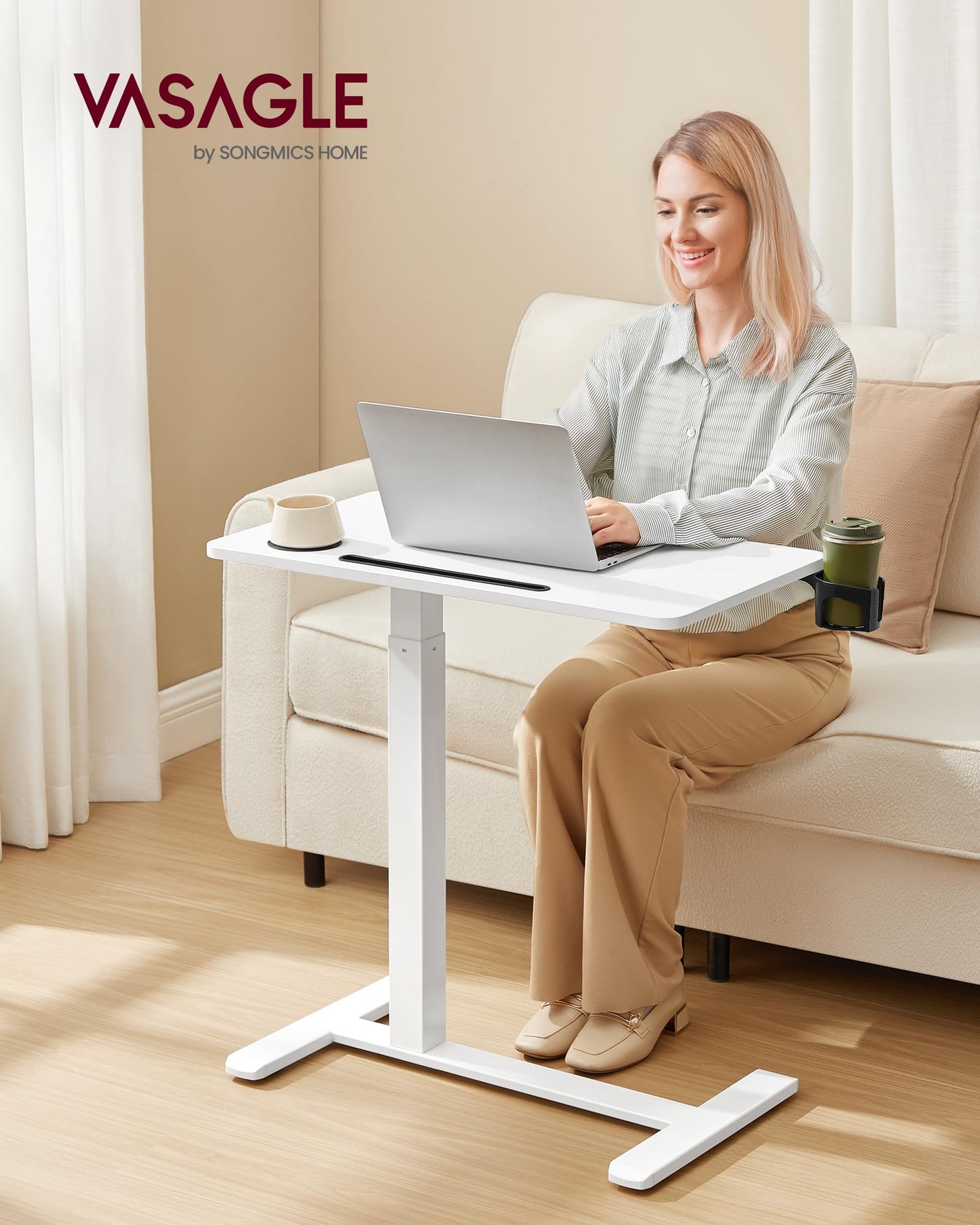 VASAGLE Overbed Table with Wheels, Mobile Standing Computer Desk, 27.6 x 15.7 Inches Tabletop, Adjustable Height, 2 Cup Holders, Phone and Tablet Slot, Cloud White ULSD600W01