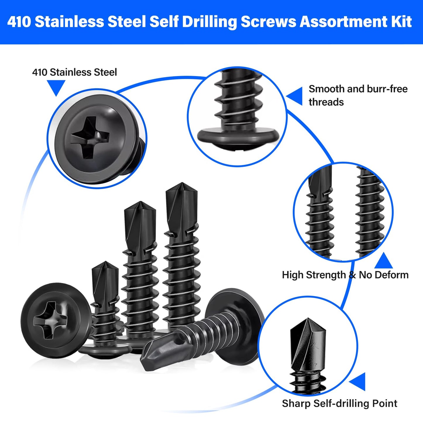 450PCS Self Tapping Screws for Metal, 410 Stainless Steel Self Drilling Screws #8#10 Truss Head Sheet Metal Screws Assortment Kits, Length 1/2"" to 1-1/4'' (Black)