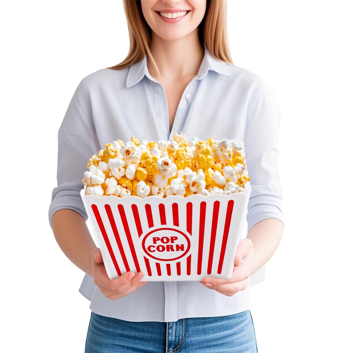 Bekith 6 Pack Plastic Popcorn Buckets Reusable, Large Popcorn Containers for Movie Night, 9" Square x 6" Tall