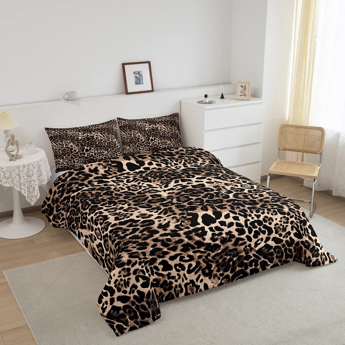 Leopard Comforter Set Full Size Brown Bedding Set 3pcs for Kids Teens Room Decor,Animal Cheetah Quilt Set Modern Luxury Soft Breathable Duvet Insert with 2 Pillowcases