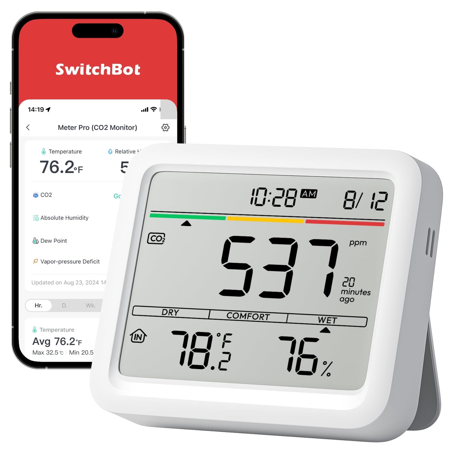 SwitchBot CO2 Detector, Air Quality Monitor Indoor, CO2 Monitor for CO2/TEMP/Humidity, Portable Carbon Dioxide Detector for Home/Car/Office/Greenhouse