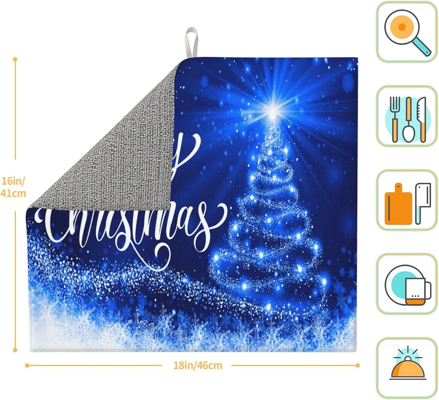 Dish Drying Mat Merry Christmas Blue Snow Tree for Kitchen Counter Absorbent 16x18 Inch Microfiber Dishes Plate Glass Dry Draining Pad Reversible Washable