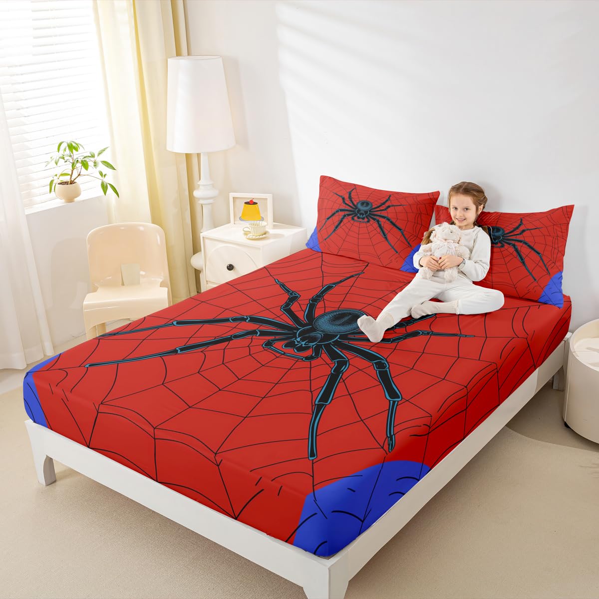 Spider Web Kids Sheet Queen Size,Black Spider Arachnid Insect Animals Bedding Set,Boys Girls Women Men Room Decor,Happy Halloween Red Blue Fashion Bed Sheet Set 4pcs(Fitted + Flat + 2 Pillowcases)