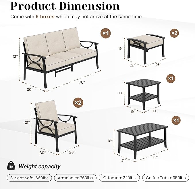 FansaFurn 7-Pieces Outdoor Patio Furniture Set, Outdoor Metal Sectional Furniture with Cushions, Outdoor Conversation Seating Set with Coffee Table for Garden, Backyard, Balcony, Deck, Black