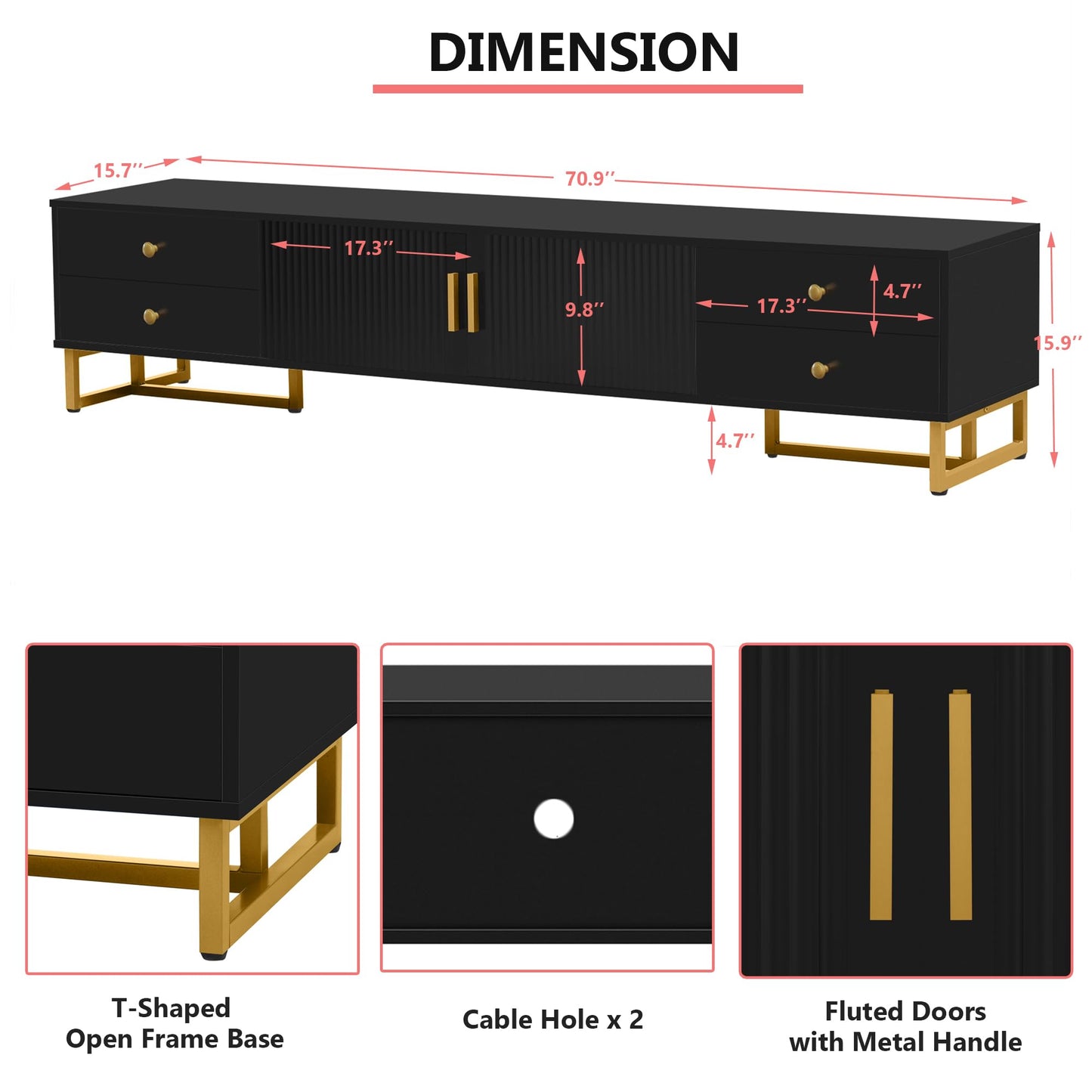 Amposei Modern TV Stand with Drawers for TVs up to 75'', Media Console Storage Cabinet Entertainment Center Furniture for Living Room Bedroom, Gold Metal Legs, 70.9-Inch, Black