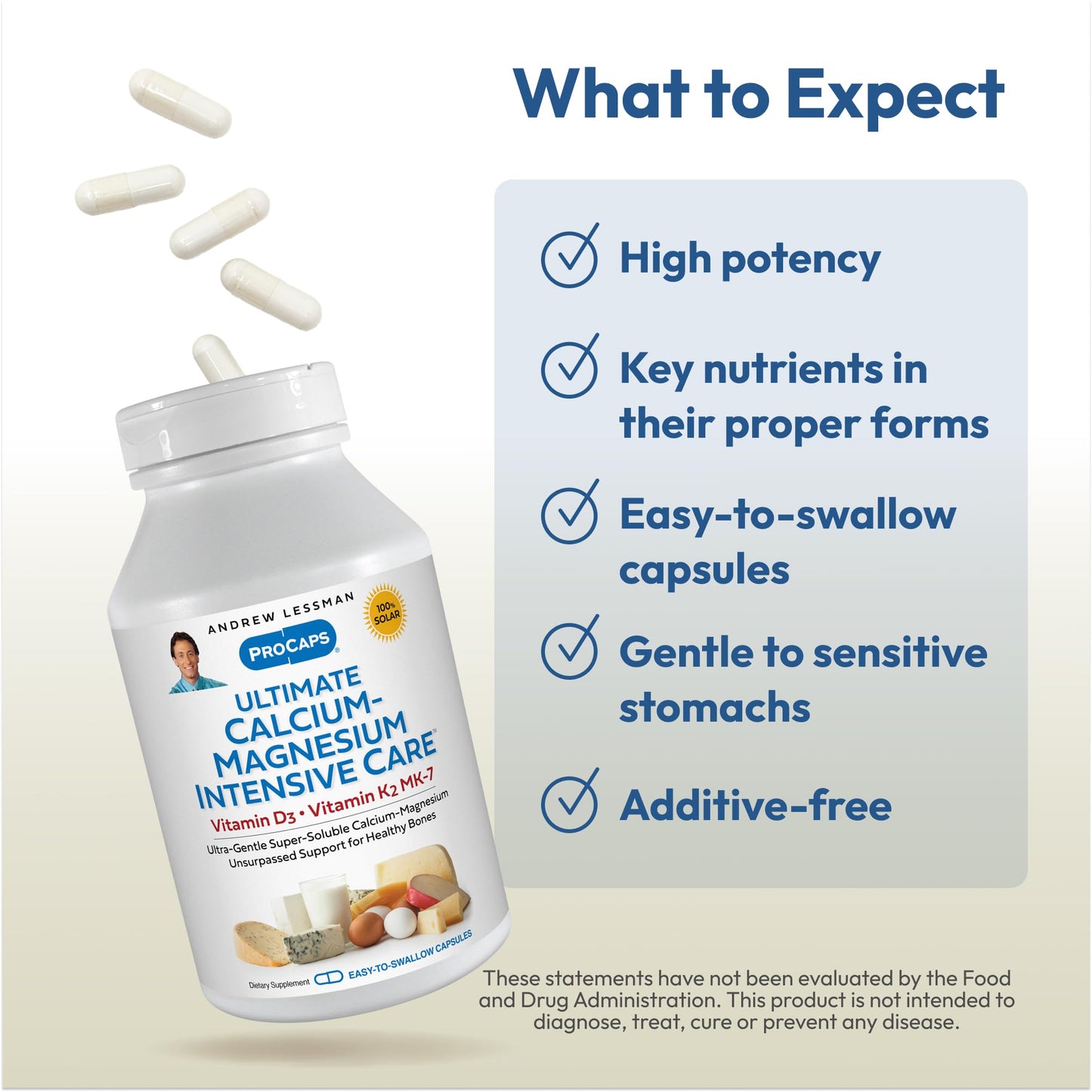 ANDREW LESSMAN Ultimate Calcium-Magnesium Intensive Care with Vitamin D3 & K2 MK7-120 mcg - 60 Capsules – Bone and Skeleton Health Essentials. Gentle, Easy to Swallow, Super Soluble. No Additives