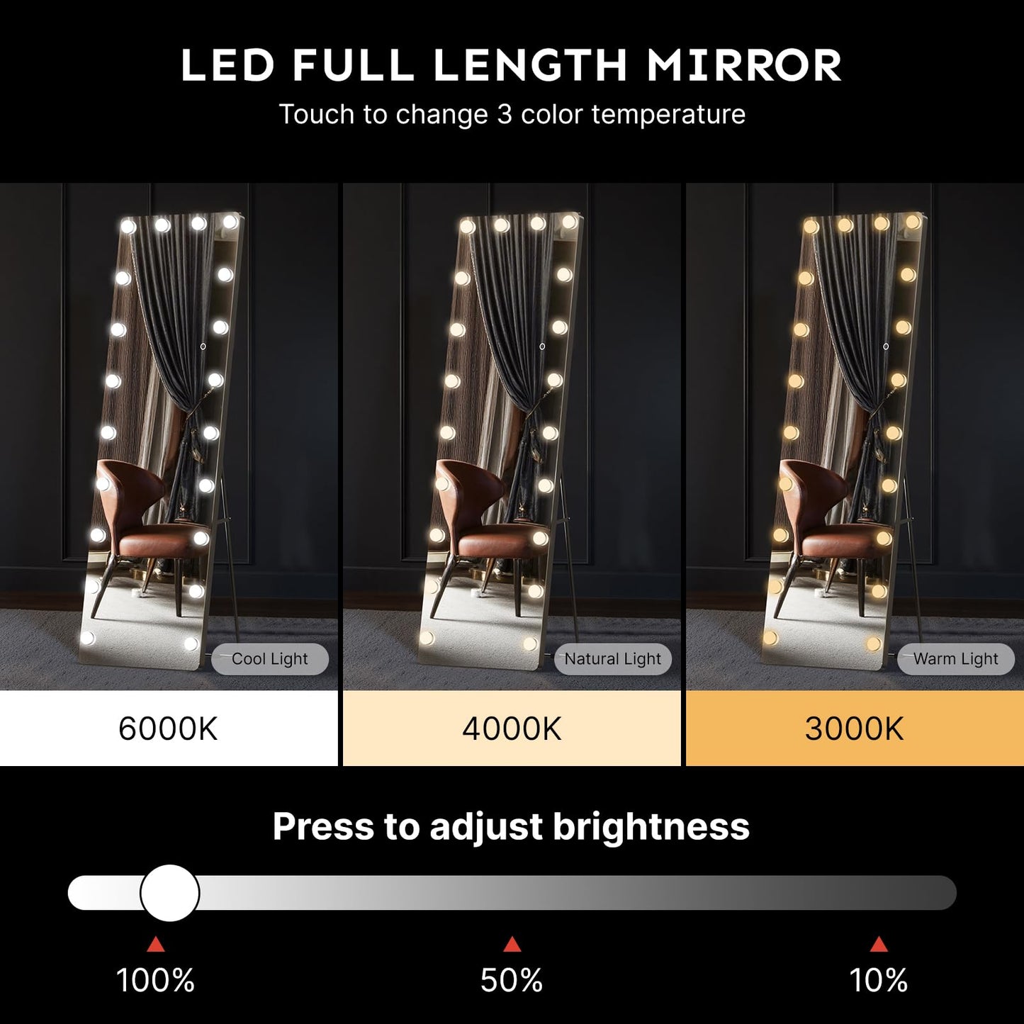 Kosmonia 62x20 Hollywood Full Length Mirror with Light, 20 Dimmable Bulbs & 3 Color Smart Touch Control, Distortion Free, Tempered Glass, Safe Full Body Mirrors with Stand