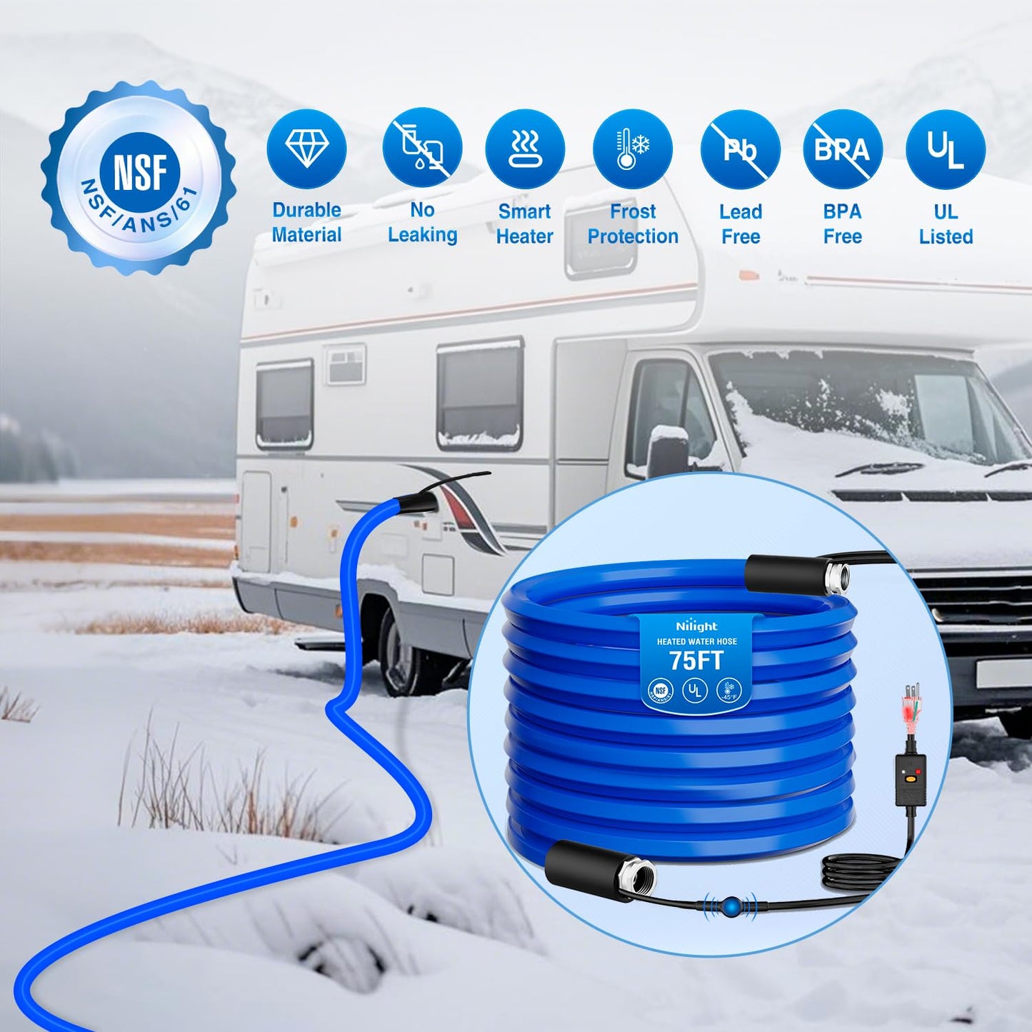 Nilight 75FT Heated Water Hose RV 5/8”Inside Diameter -45°F Freeze Protaction Antifreeze Garden Drinking Hoses with Saving Thermostat and Smart Heat System for Winter Camper Supply Accessories