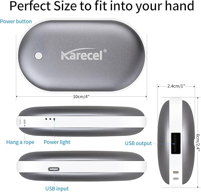 Karecel Rechargeable Hand Warmers 2 Pack, 10,400mAh Double Sided Heat Electric Hand Warmers Power Bank, Portable Pocket USB Heated Handwarmers, 4-inch Full-Surface Heat & Quick Charge, Men Tech Gifts