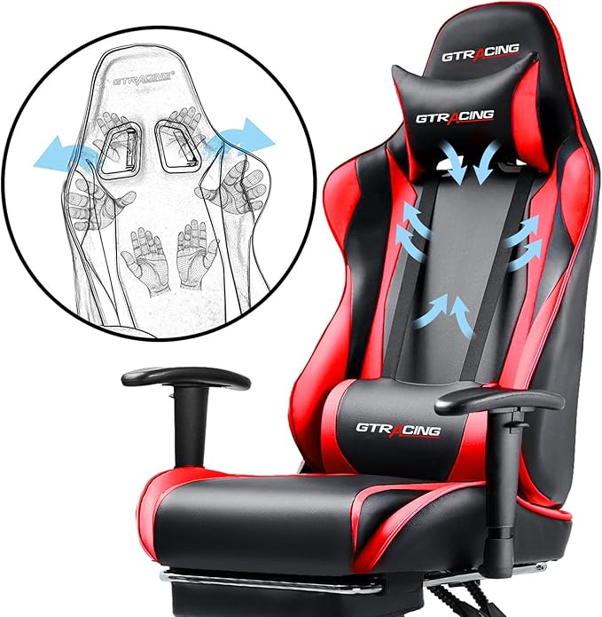 GTPLAYER Gaming Chair with Footrest, Ergonomic Computer Game Desk Chair, Reclining Game Chair Seat Height Adjustment, Swivel Rocker with Headrest and Lumbar (Red)