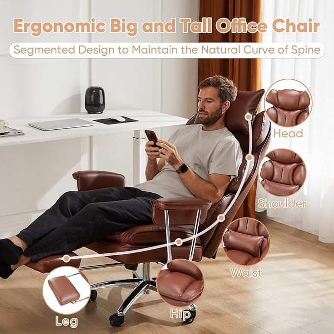 Sweetcrispy Executive Home Office Desk Chair - Ergonomic Big Tall High Back with Footrest & Lumbar Support, Reclining Height Adjustable, Comfy PU Leather Computer Gaming with Swivel Wheels, Brown