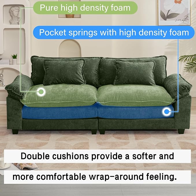 Oprisen 86" Modular Sectional Sofa, Comfy Cloud Couch Sectional Sofa, Chenille Sofa Sleeper Deep Seat Sofa with Throw Pillows for Living Room (Green, 86"- Loveseat)