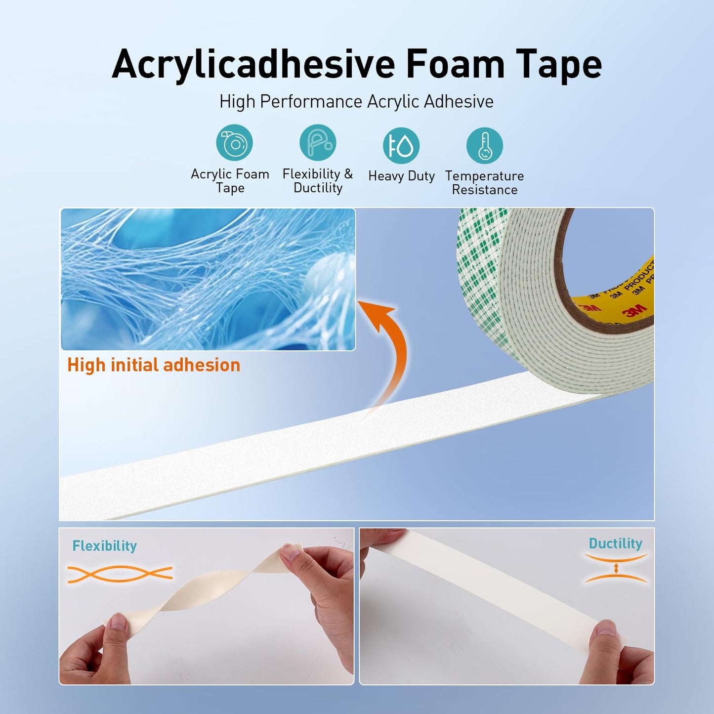Double Sided Tape Foam Tape 1/2" x 18Ft Made of 3M High Shear Adhesive Mounting Tape with High Temperature Resistance for Interior Exterior Mounting Applications and Home Office Deco