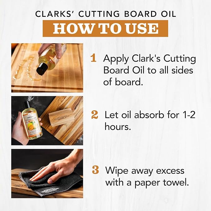 CLARK'S Food Grade Mineral Oil (12oz) and Carnauba Wax (6oz) Set - 100% Natural Butcher Block Oil and Cutting Board Wax - Food Safe Beeswax and Wood Cutting Board Oil with Orange & Lemon Extract