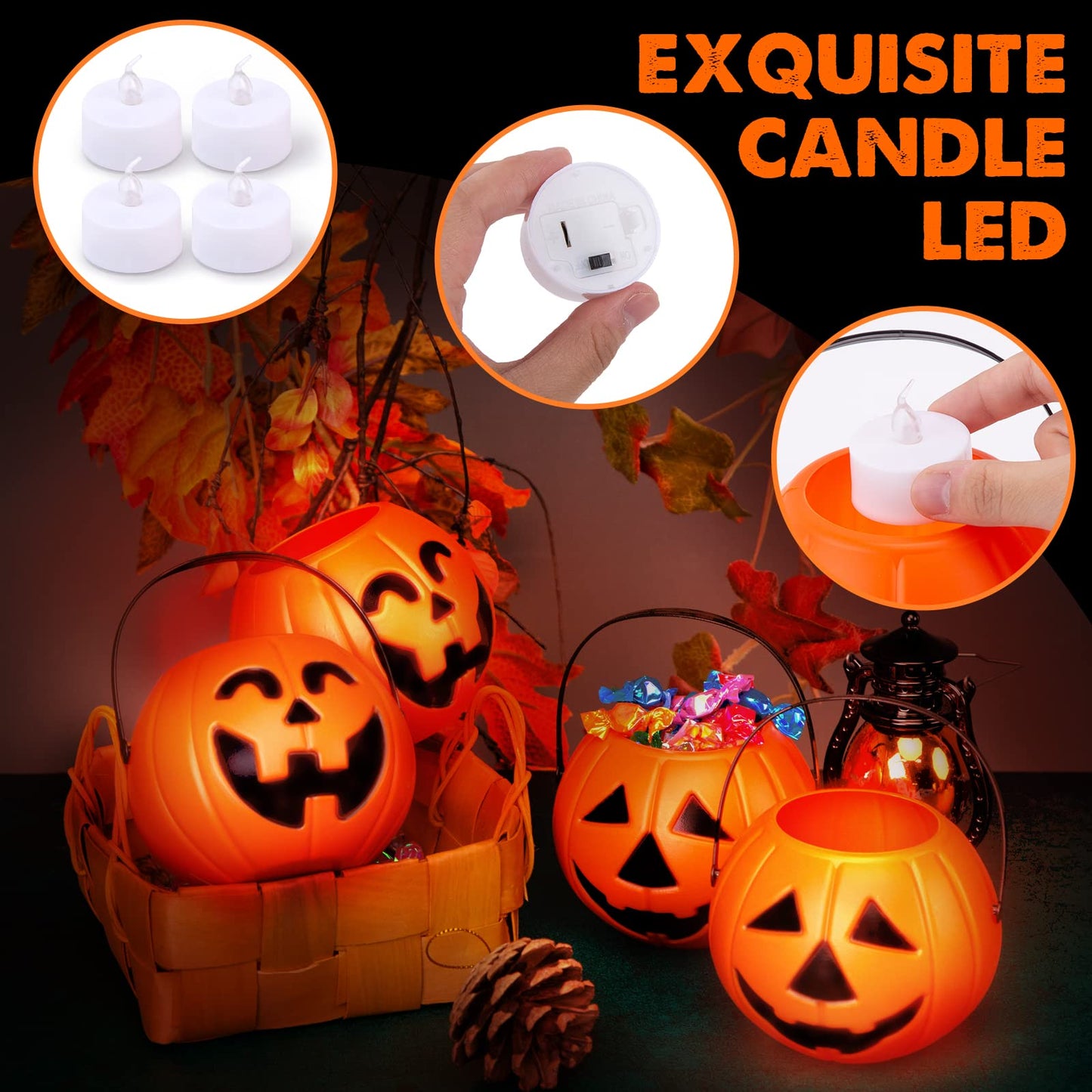 MCPINKY Halloween Pumpkin Buckets, 4PCS Portable Jack-O-Lantern Buckets with 4PCS Candle LED Lights Trick or Treat Goody for Kids Halloween Party Favors Room Decor