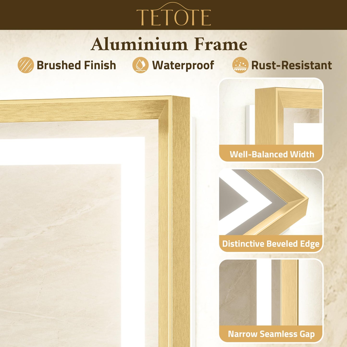 TETOTE 72 x 40 Bathroom LED Mirror Brushed Gold Metal Frame Frontlit & Backlit Vanity Mirror Anti-Fog Stepless Dimmable 3 Colors White/Warm/Natural Wall-Mounted