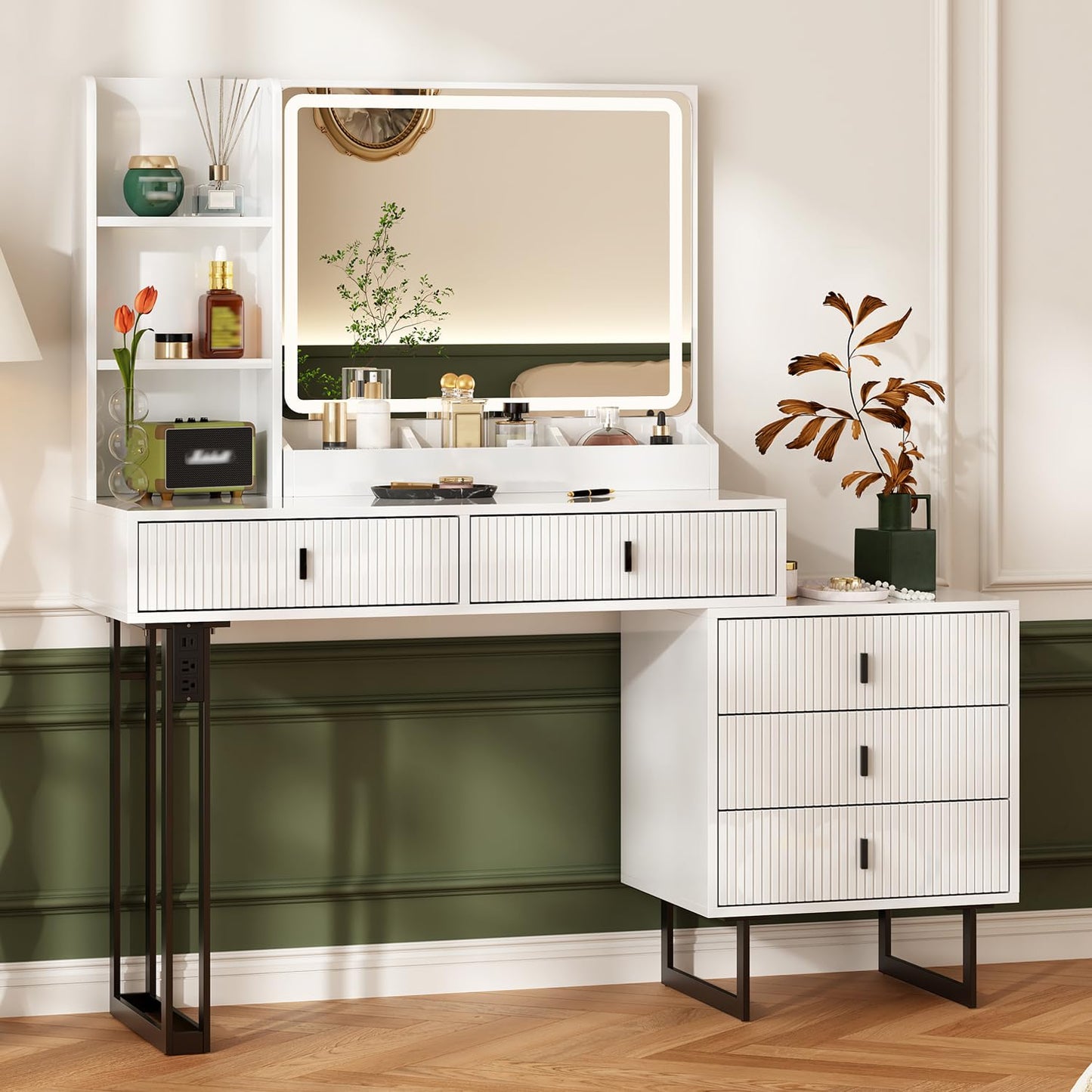 Large Vanity Desk with 3 Color Touch Screen Dimming Mirror, Vanity Desk with Charging Station, Modern Retractable Makeup Dressing Table, Vanity Table With storage shelves and 5 Sliding Drawers, White