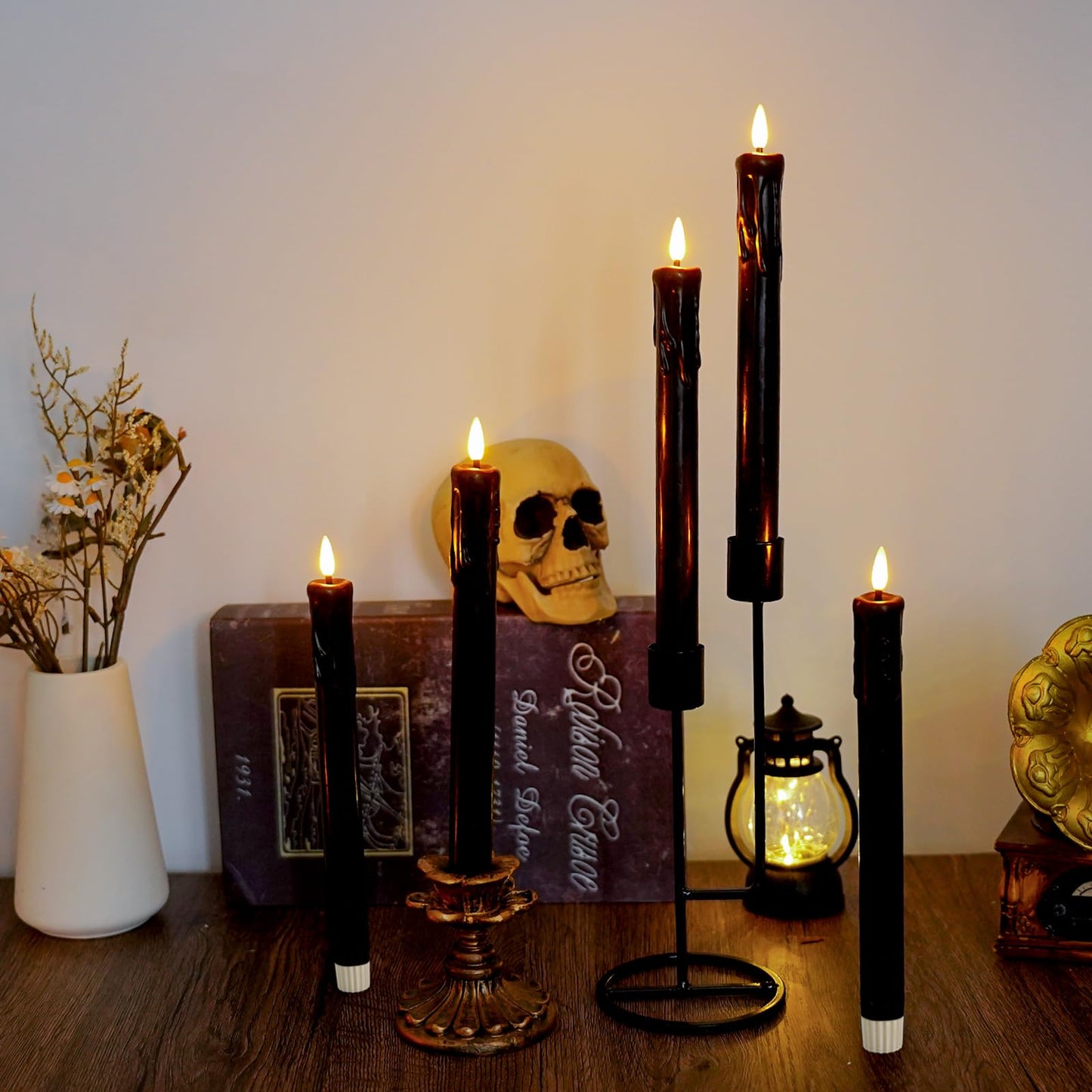 Lezonic Black Flameless Taper Candles Battery Operated with Remote, Long LED Candlesticks Flickering Real Wax Set of 6, 9.5 inch Battery Candles with Realistic 3D Flame for Halloween