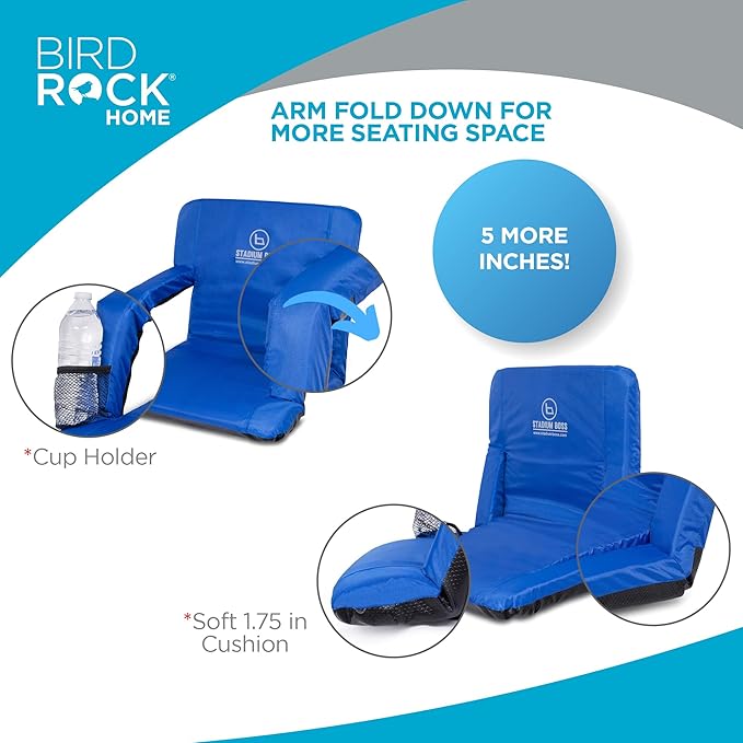 Stadium Boss Recliner Stadium Seat for Bleachers, Benches, Lawns, Backyard, Camping & Beach – Padded Sport Chair, Cushion Backs & Armrest – 6 Reclining Positions – Portable Carry Straps – Blue