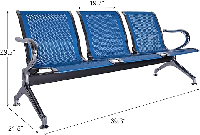 Kinsuite Set of 2 Waiting Room Chairs with Arms - 3-Seat Airport Reception Bench, Lobby Bench Seating for Business Hospital Market, Blue