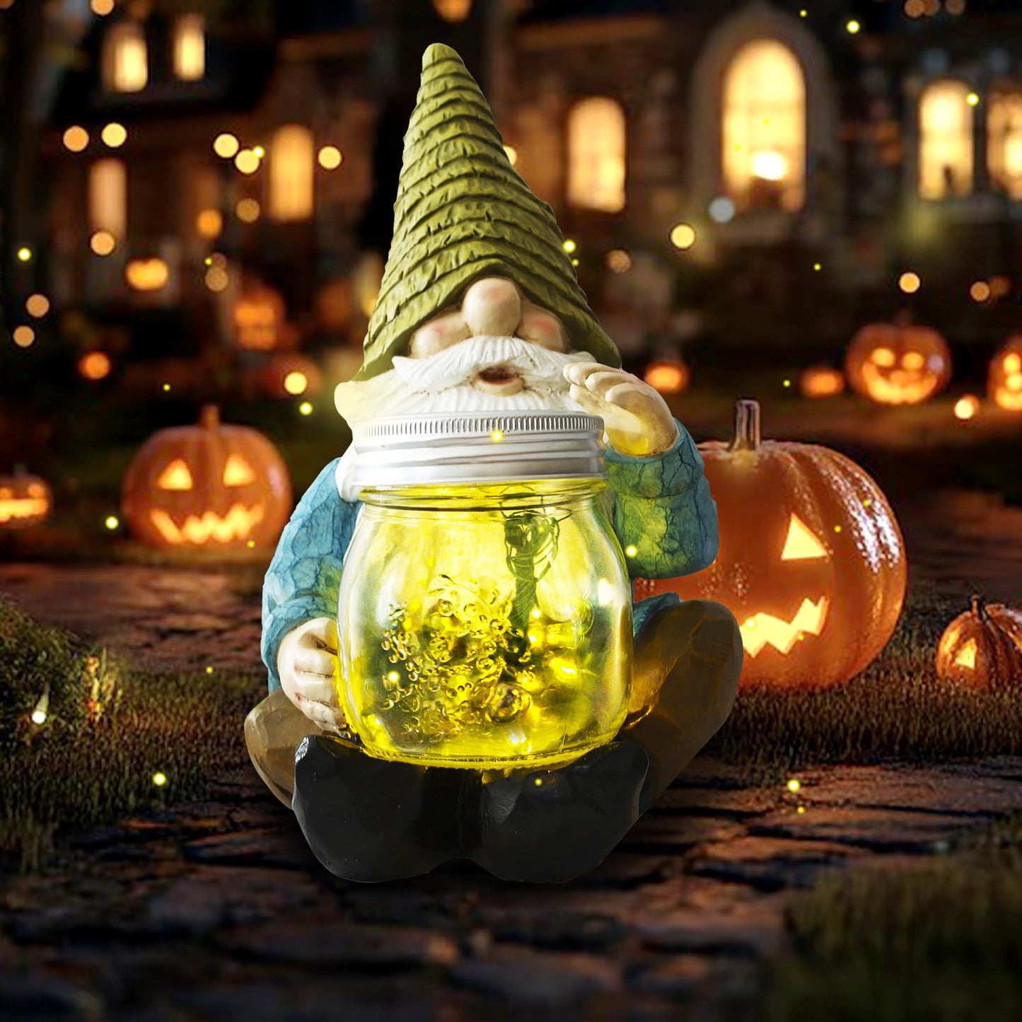 Vcdsoy Solar Firefly Jar Gnome Waterproof- Large Garden Gnome Funny Solar Outdoor LED Lights Resin Statues 10.6" Lantern Figurines Decorations Birthday Gifts for Mom Women - Unique Housewarming Gifts