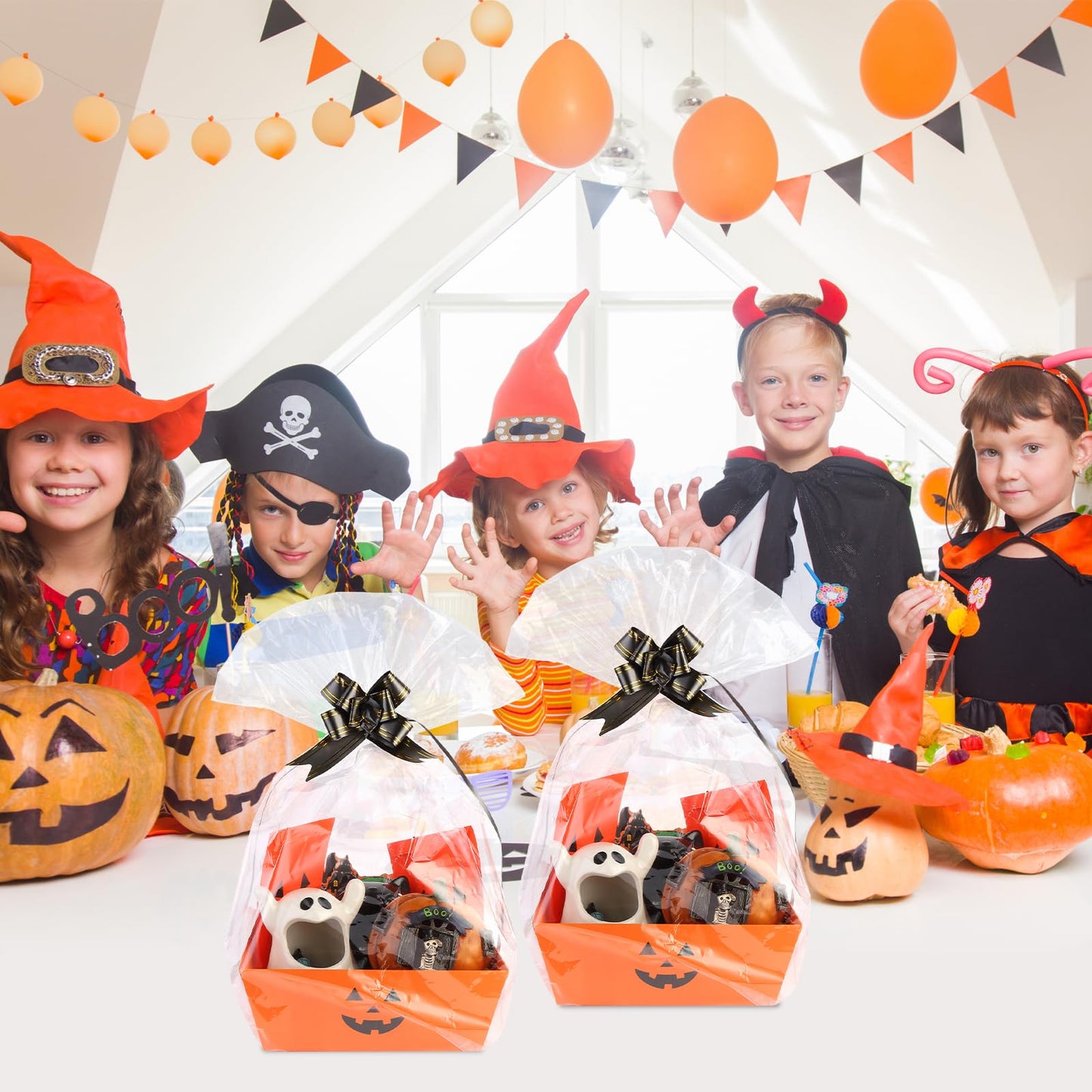 Kolewo4ever 36Pcs 12 Pack Halloween Basket Boo Basket Set 8x10inch Pumpkin Baskets for Gifts Empty to Fill with Baskets Empty Bags Pull Bows for Halloween Holiday