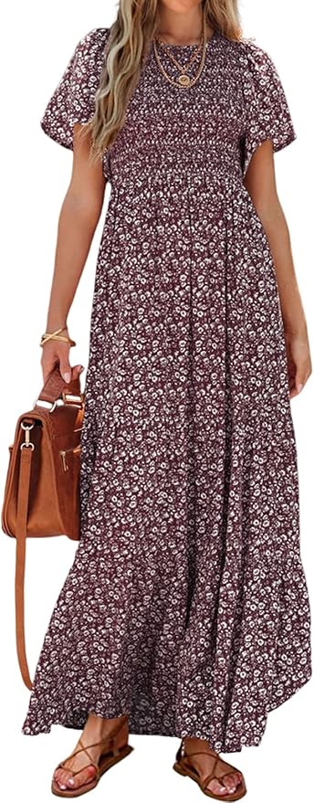 PRETTYGARDEN Women's 2026 Spring Casual Flutter Short Sleeve Boho Floral Maxi Dress Crew Neck Smocked Tiered Long Dresses