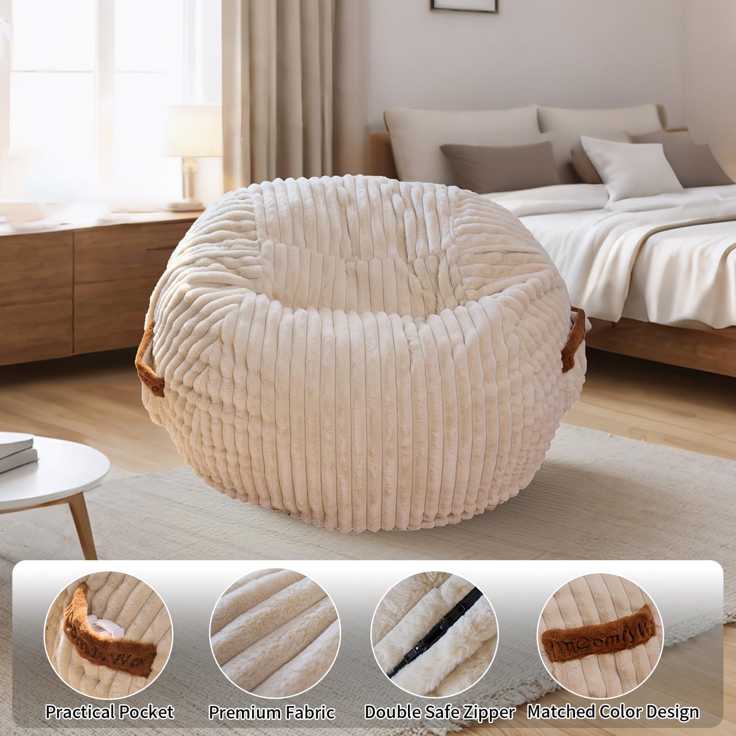 MinComfyWo 4ft Bean Bags Chair for Adults, Giant Beanbag Chair with Memory Foam Filled, Soft Comfy Large Bean Bag Couch Big Sofa Bed for Living Room Bedroom (Beige)