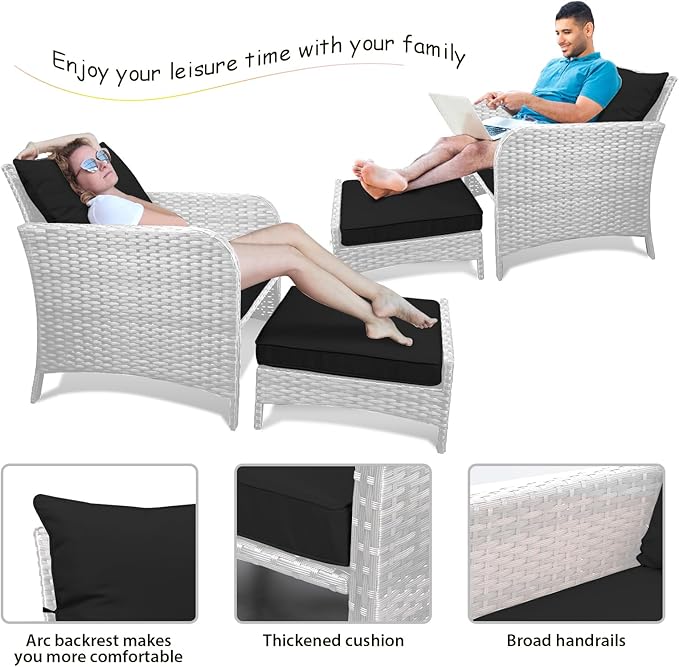 LEVELEVE Balcony Furniture 5 Piece Patio Conversation Set, PE Wicker Rattan Outdoor Lounge Chairs with Soft Cushions 2 Ottoman&Glass Table for Porch