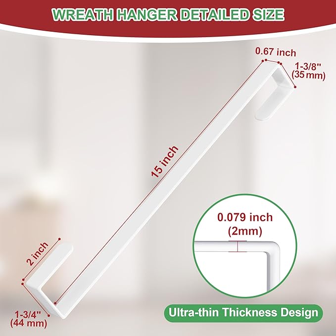 15" Reversible Wreath Hangers for Front Door, Fit Most Doors up to 1-3/4", Heavy Duty Steel Over The Door Hooks Hold up to 80 LBS for Holiday Christmas & Halloween Wreaths, Indoor Decor (White, 2 PCS)