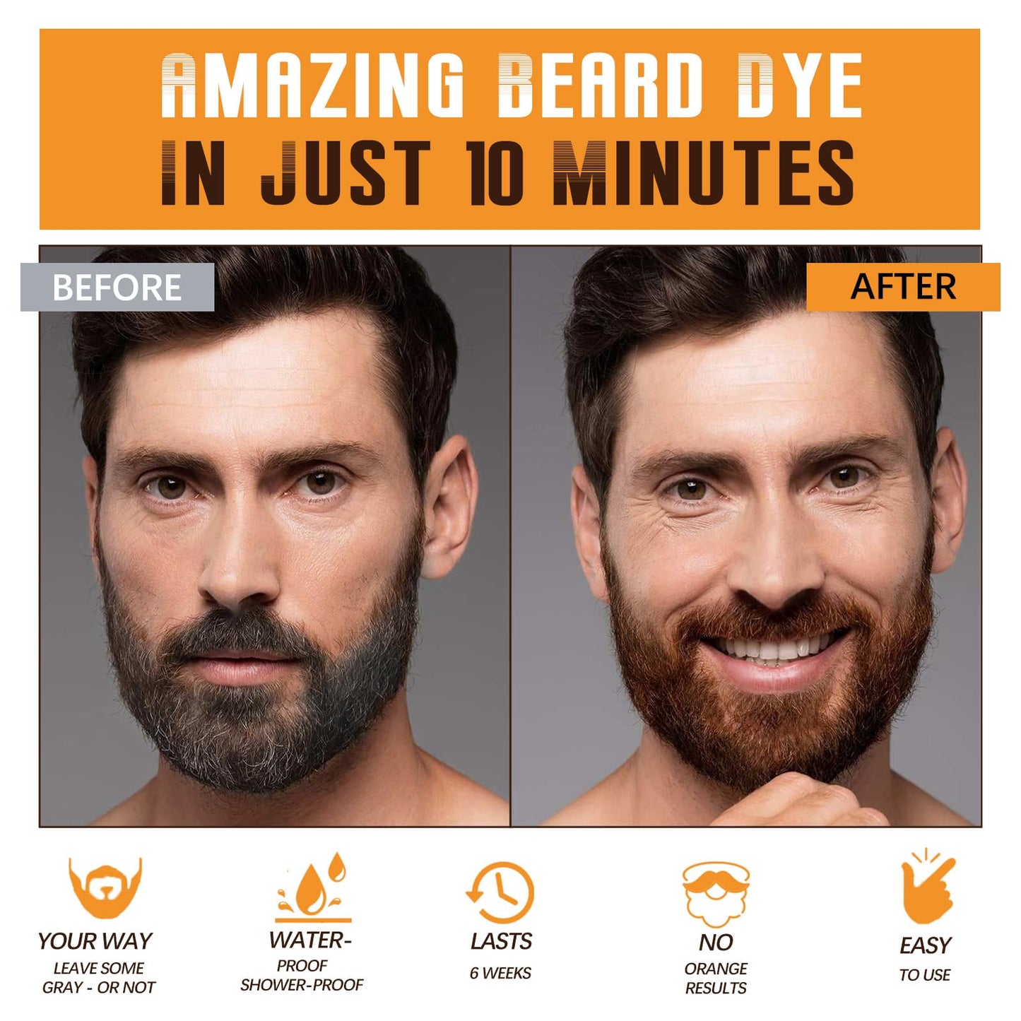 Mens Beard & Mustache Dye Shampoo, Instant 100% Grey Hair Coverage, 3 in 1 Brown Beard Color Shampoo for Men Facial Hair, Easy t