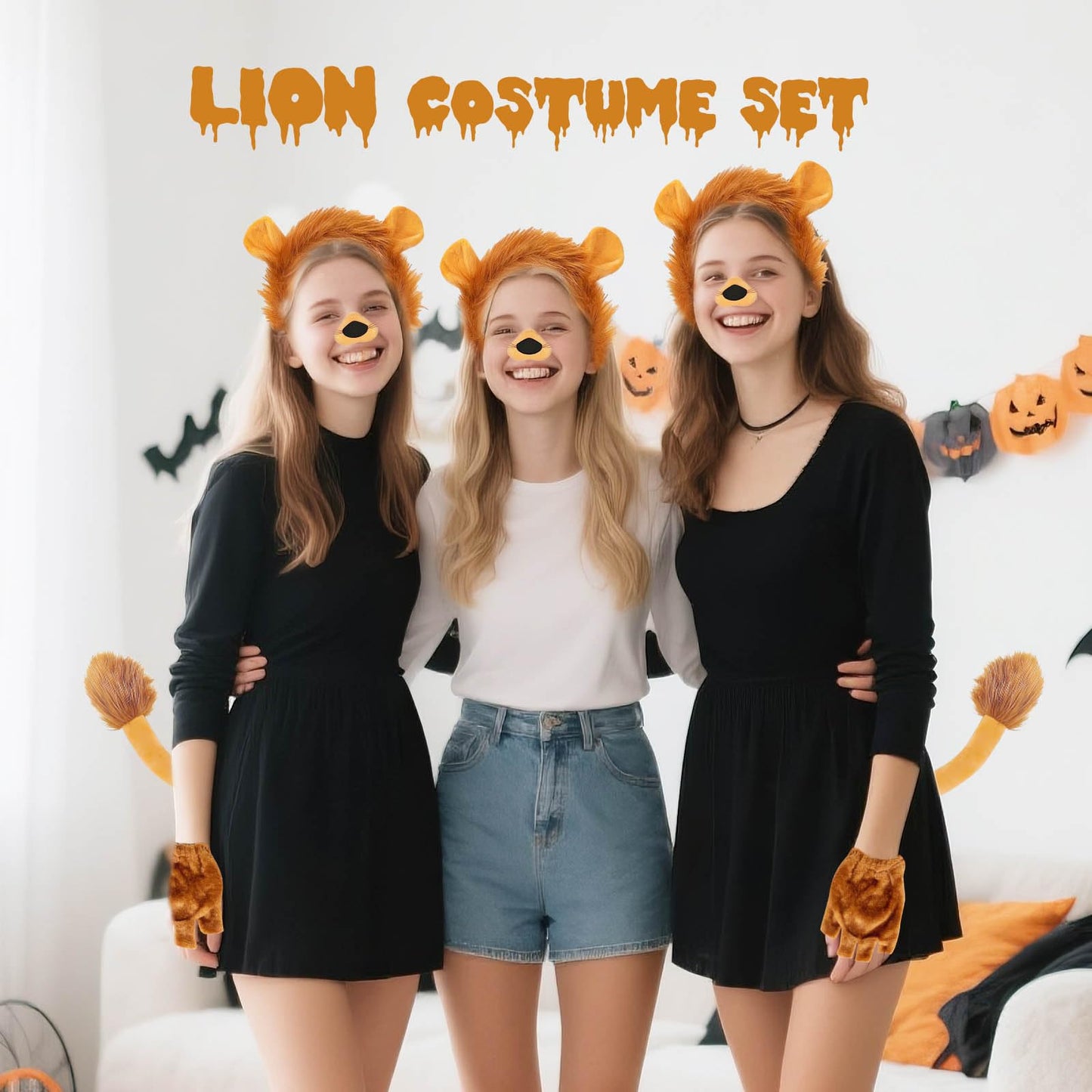 HATINXIA 5Pcs Lion Costume Set for Adult Men Women - Lion Ears Headband with Mane, Furry Tail, Paw Gloves and Nose for Halloween Dress Up Cosplay Accessories Party Supplies