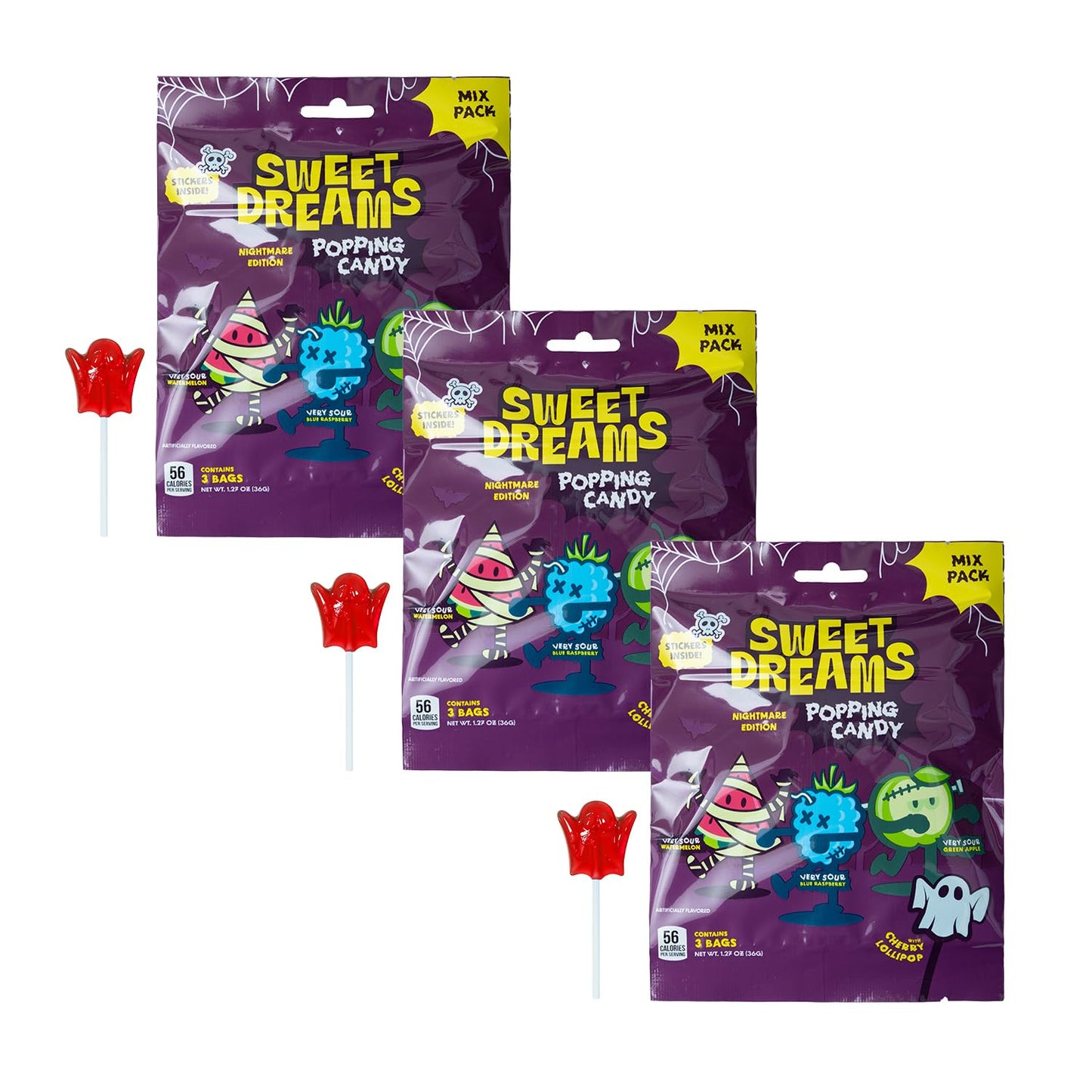 Sweet Dreams Popping Candy | Spooky Ghost Shaped Lollipop with Very Sour Dip Pouches, and Halloween Stickers | Trick or Treat Candies | Mix Pack, 3 Bags (3 pouches in each)- 9 Total Pouches