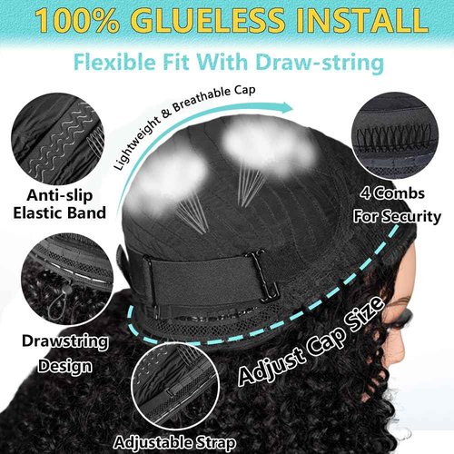 VFFTI Kinky Curly Half Wig Human Hair 200 Density 3 In 1 Drawstring Seamless Flip Half Wigs Wear Go Glueless Wigs Human Hair 18 Inch Curly Half Wig for Women Drawstring Headband Wig Beginner Friendly