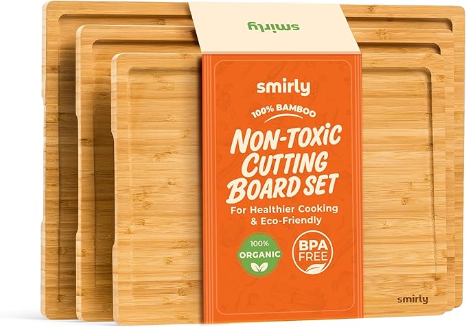 SMIRLY Bamboo Wooden Cutting Boards for Kitchen, Set of 3 Large - Small, Bamboo Wood Cutting Board Set with Deep Juice Gro...
