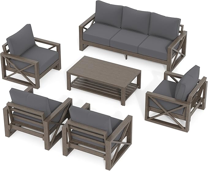 UDPATIO 6 Piece Aluminum Patio Furniture Set 7 Seats Modern Outdoor Furniture Faux Wood Grain Patio Conversation Sets with Olefin Fabric Thick Cushions, 600D Waterproof Cover Included, Dark Grey