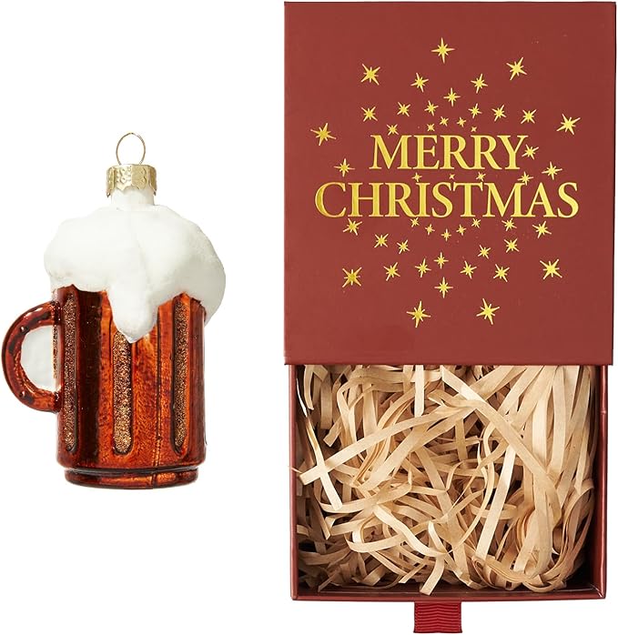 WDS WONDROUS Beer Mug Christmas Ornament & Decoration, Glass Hanging Beer Mug Ornament Set for Christmas Tree Red and White Decor Holiday Party Home Gift