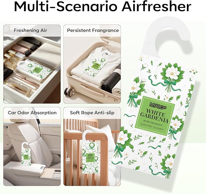 MYARO Large Hanging Sachets Scented for Drawer and Closet, 12 Pcs Potpourri Bags Long Lasting Air Freshener for Home Car House (White Gardenia)