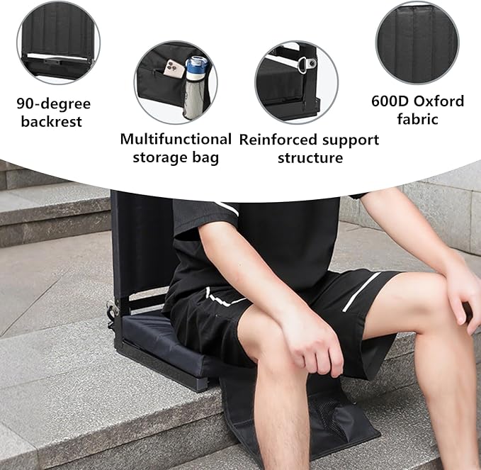 CHIQUERID Portable Stadium Seat with Back Support, Folding Bleacher Chair with Cushion, Cup Holders, Storage Pockets & Shoulder Strap – Ideal for Sports Events, Camping & Picnics (Black)