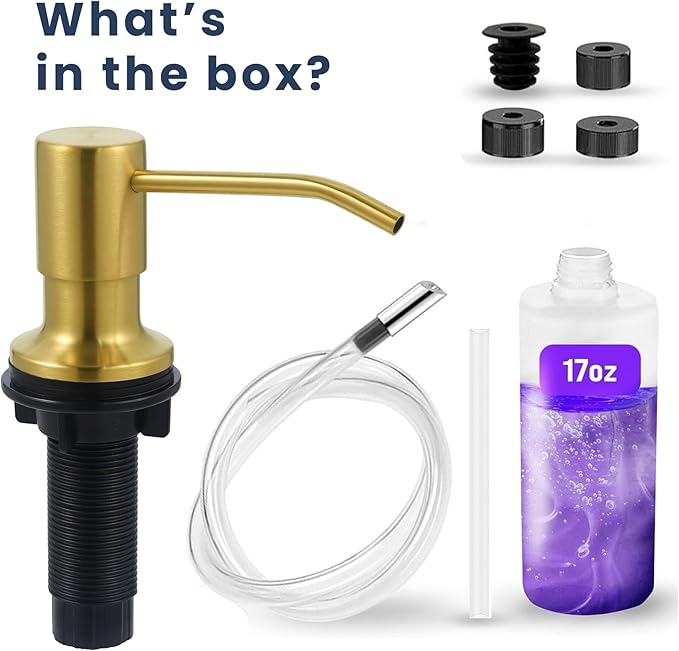 SBEN Built-in Kitchen Sink Soap Dispenser – Stainless Steel Pump, 17 oz Bottle and Extension Tube Kit 47", Upgraded Metal Check Valve, Countertop Hand Soap & Lotion Dispenser (Gold Brushed)