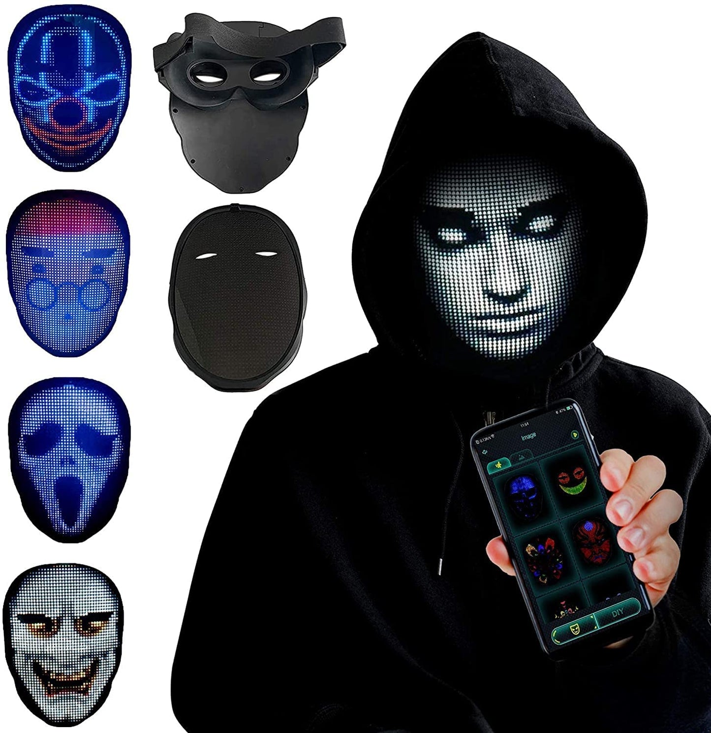 TrendyNow365 Rechargeable LED Halloween Mask with Bluetooth, Programmable with Shining Mask App, Face Changing Cosplay, Party, Christmas