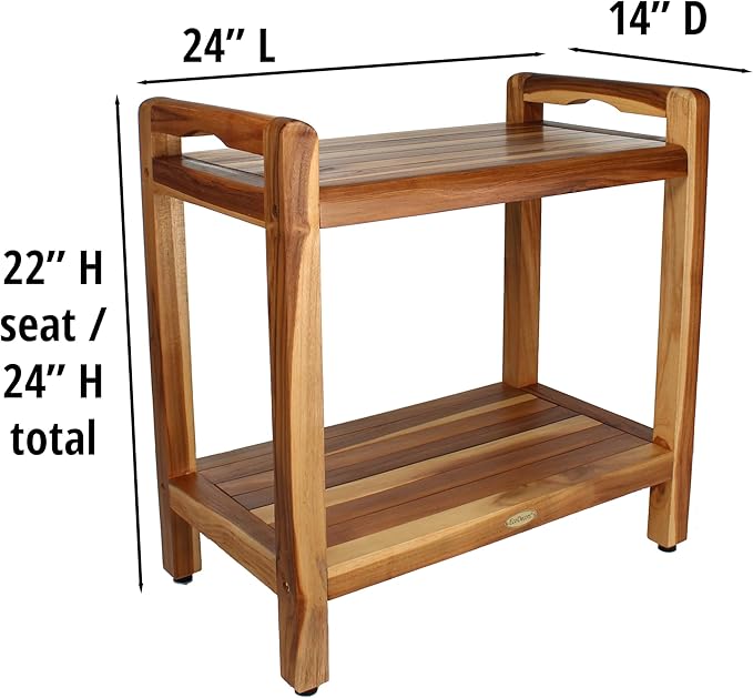 EcoDecors Eleganto 22" H Seat / 24" H Total Extended Height Teak Shower Bench | Supports up to 250 lbs, Safe and Stable Seating | Waterproof Wood Stool for Bathroom | Built-in Shelf
