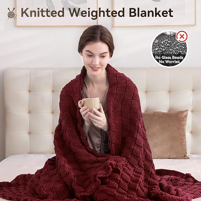 Knitted Weighted Blanket for Adult, No Beads Heavy Blanket 60” x 80'' 20lbs, Breathable Chunky Knit Blanket, Cooling Weighted Blanket for Hot Sleepers, Christmas Home Decor (Red)
