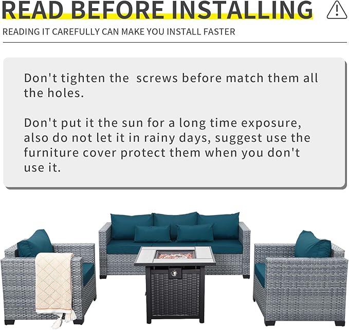 4 Piece Wicker Patio Furniture Sets Outdoor Conversation Set PE Rattan Sectional Sofa Couch with Fire Pit Table and Peacock Blue Cushions