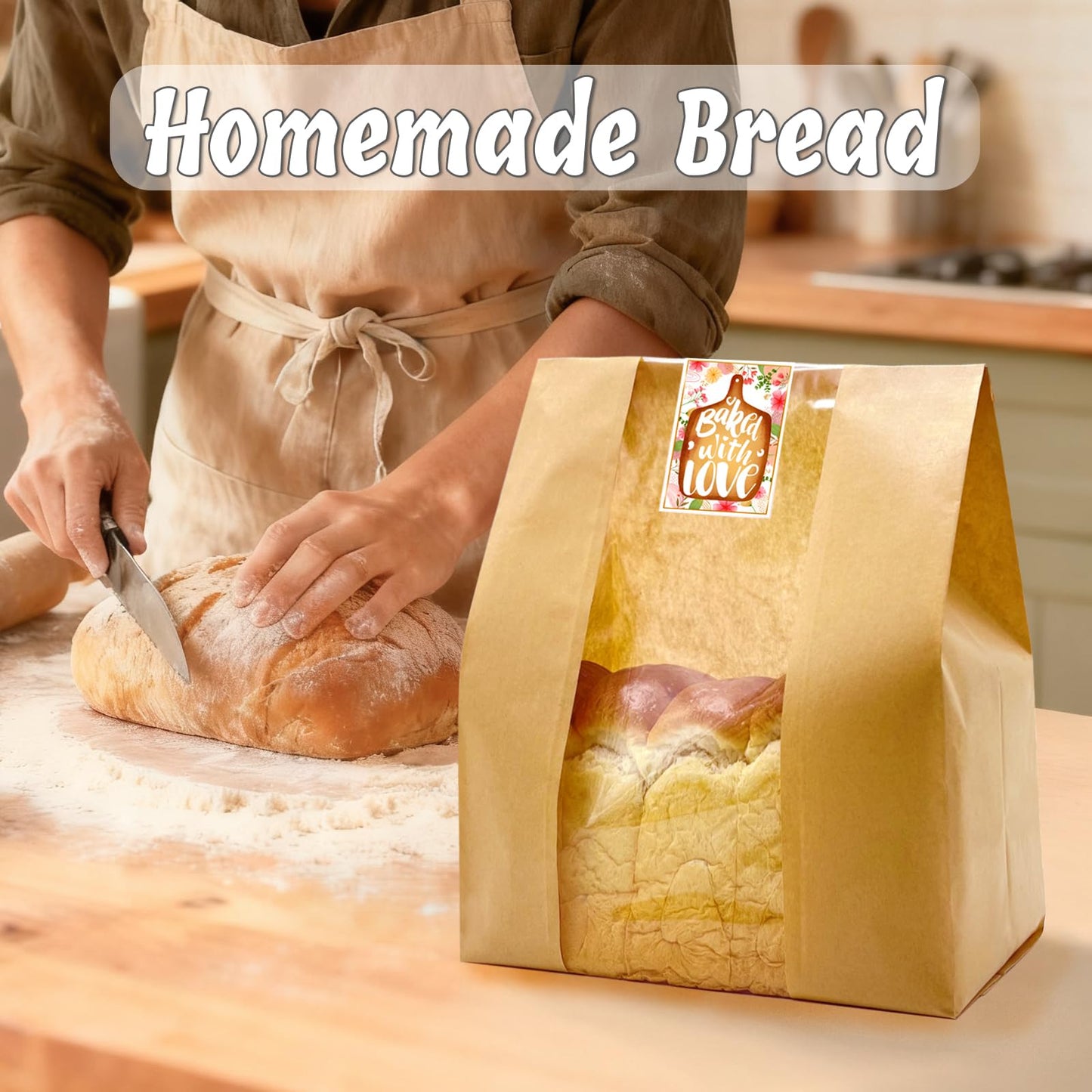 BIUBIU 16x10x5 inch Extra Large Paper Bread Bags for Homemade Bread with Window & Sticker for XL Sourdough Bread, Supersized Bread Loaf, Baked Goods, Packaging for Gifting-Brown Kraft 25Pcs