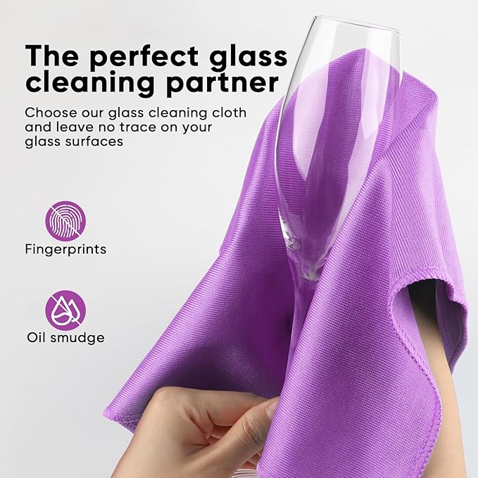 HOMEXCEL Microfiber Glass Cleaning Cloth 12 PK, Lint Free Streak Free, Reusable Cleaning Cloth for Cleaning Windows, Glasses, Mirrors, Screens, Stainless Steel, and More Purple-12”×12”
