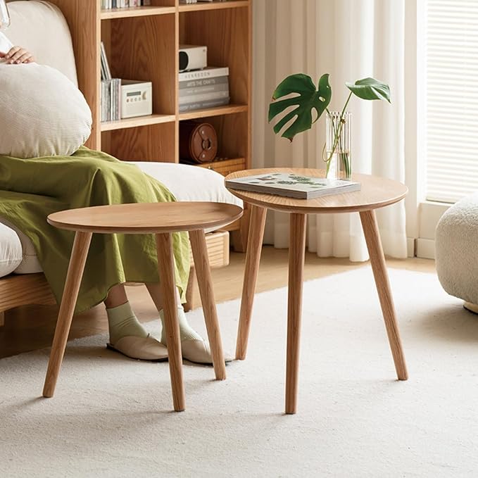 Vadisun Small Oval Nesting Table, Mid Century Coffee Table for Living Room,Solid Oak Wood End Tables,Triangle Tabletop with 3 Legs,Minimalist Display Living Tables (Original Wood Color, Combine)