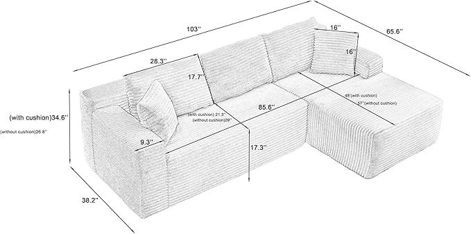 Vanress Cloud Couch Sectional, Corduroy Boneless Couch with L-Shape Chaise, Modern Modular Sectional Sofa Comfy Deep Seat for Living Room, Bedroom, No Assembly (Black, Right Facing Chaise)