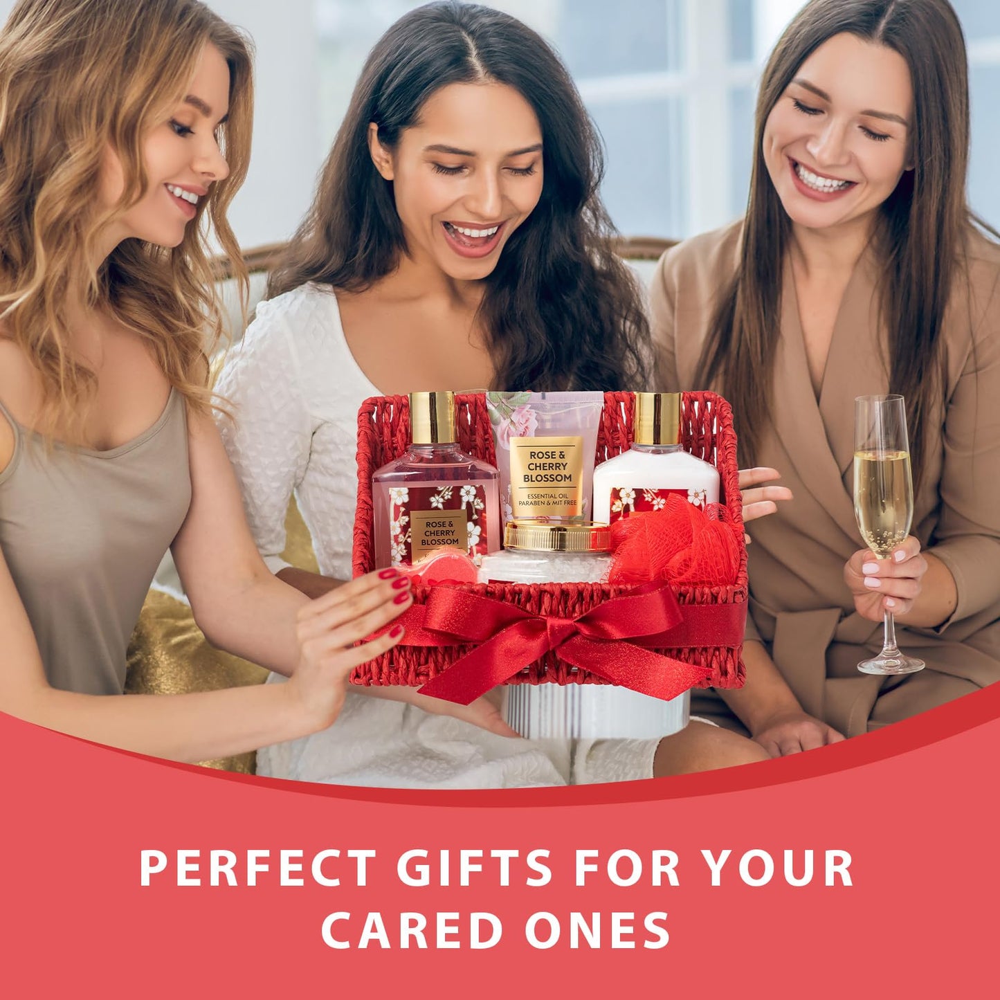 Bath and Body Gift Basket Set for Mothers Day - 9 Pcs Luxury Rose Spa Gift Basket Set for Women, Gift with Bath Bomb | Perfect Valentine's, Birthday, Christmas Gifts for Her, Gift for Mom All Occasion