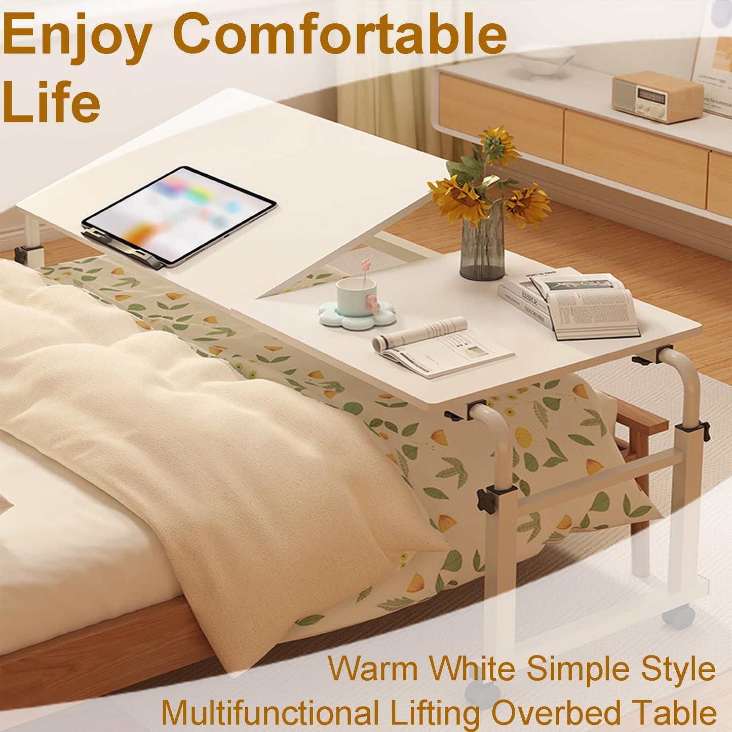 ApexRoam Overbed Desk with Wheels, Adjustable Height Over The Bed Table, King Queen Mobile Over Bed Desk, Overbed Table with Tiltable Tabletop for Laptop and Bedroom Work (White, 47 * 16IN Tiltable)